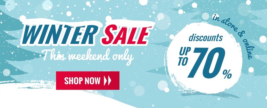 Big winter sale horizontal banner. Snowy background with winter landscape. Vector illustration