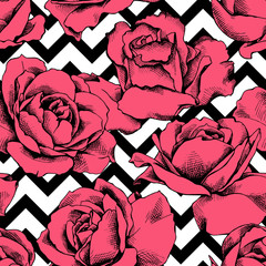 Seamless pattern with image of a red Rose flowers on a geometric background. Vector illustration.