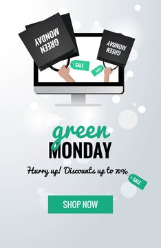 Green monday sale sparkling banner. Green monday background with shopping bags in computer display. Vector winter illustration