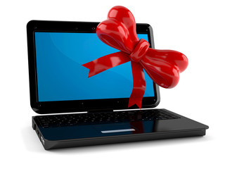 Laptop with red ribbon