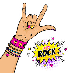 Cartoon illustration with female hand with rock n roll sign and Let's Rock dynamic speech bubble with stars. Vector colorful hand drawn objects in retro comic style isolated on white background. - 167208857