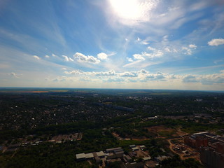 Aerial view. Houses sky and clouds, city Dnepr, Ukraine.