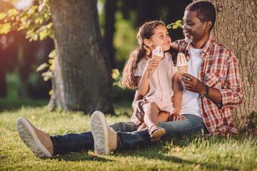 happy african american granddaughter and grandfather eating ice cream in cones while sitting on grass in park