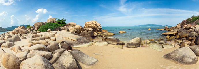 Panorama of the sea with rocks in the foreground - Hong Chong - in Nha Trang, Vietnam.