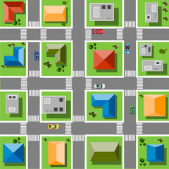 Top view city with streets, roads, houses, and cars