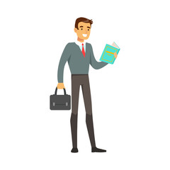 Smiling businessman standing and reading a book vector Illustration