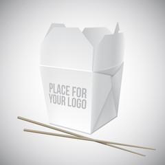 Vector illustration of a white box for asian food with a place for a logo. White box for noodles with chopsticks