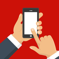 Hand holding smart phone. Business concept, flat design, vector