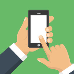 Hand holding smart phone. Business concept, flat design, vector