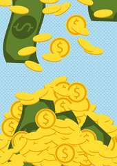 Falling golden coins and bills. Money vector illustration. Mountain of money. Finance background.