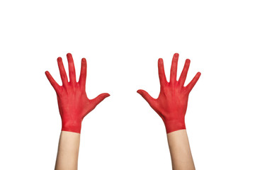 cropped view of hands in red paint, isolated on white