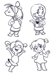 Cartoon small girls set. Vector  illustration of outlined cartoon girls dancing, kissing, presenting. Illustrations for coloring book