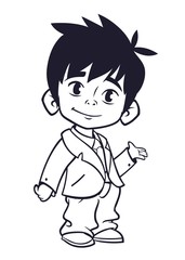 Vector illustration of small boy in man's clothes outlines. Cartoon of a young boy dressed up in a mans business suit presenting. Countur. Coloring book