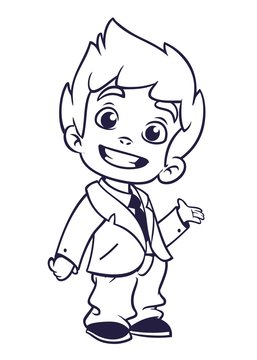 Vector illustration of small boy in man's clothes outlines. Cartoon of a young boy dressed up in a mans business suit presenting. Countur. Coloring book