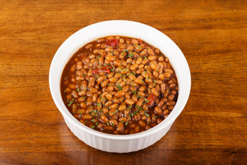 Spicy Baked Beans in White Casserole