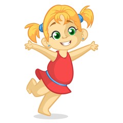 Vector color cartoon image of a cute little girl in red dress. Little girl with blonde hair. Little girl is dancing and smiling. Vector cartoon little girl icon.