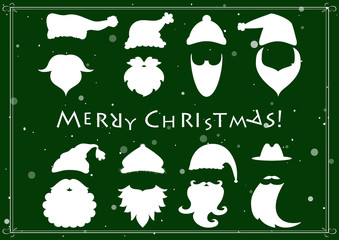 Santa hats, moustache and beards. Christmas elements for greeting design. Vector