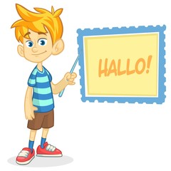 Vector illustration of blond boy in shorts and striped t-shirt. Cartoon of a young boy dressed up presenting on a board with pointer