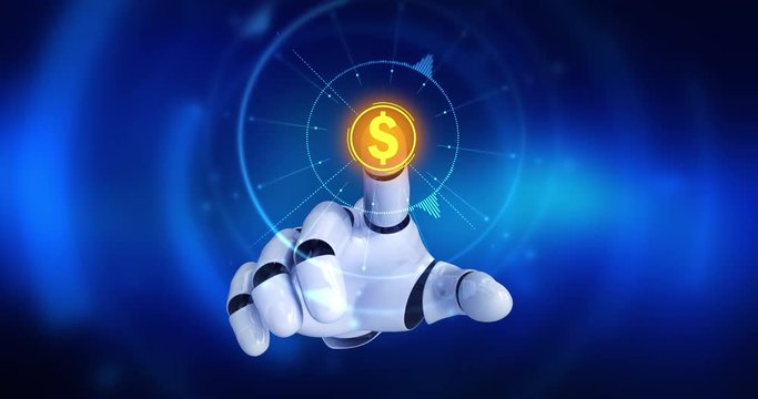 Robot hand touching on screen then US Dollar currency symbols appears. 4K+ 3D animation concept.