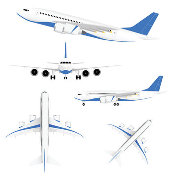 airplane in white and blue color set illustration