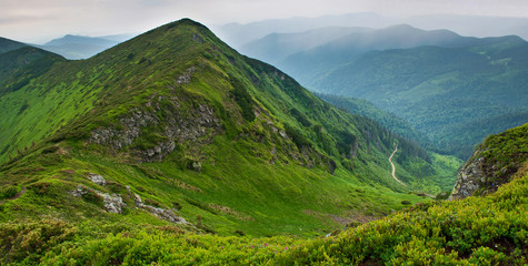 Panorama of a winding road in the valley among majestic rugged mountain hills covered in green lush grass, bushes and forest. Cloudy summer day in June. Marmarosh, Carpathian mountains, Ukraine