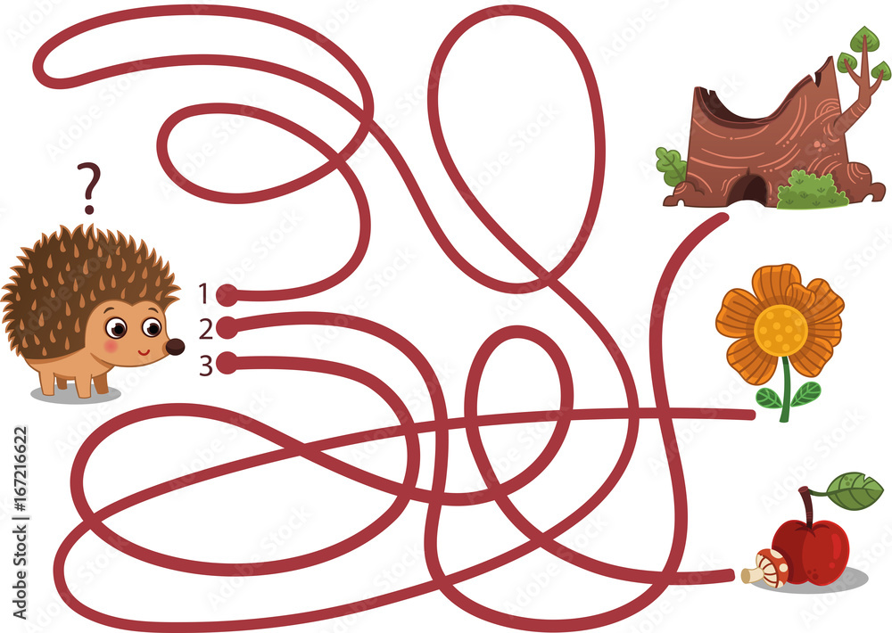 Wall mural help hedgehog to find way to apple and mushroom in the maze game. vector illustration.