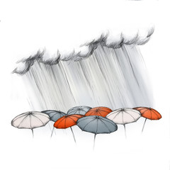 Starkregen auf unterschiedliche Regenschirme
