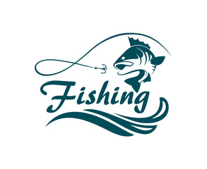 fishing emblem with bass, waves and hook