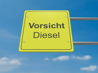Obraz premium German Traffic Sign Environmental Protection Concept: Vorsicht, Meaning Attention In German Language, Diesel, 3d illustration