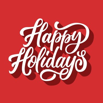 Happy holidays brush hand lettering with 3d shadow retro red background. Vector illustration. Can be used for holidays festive design.