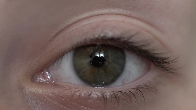 Green human eye of young girl looking at camera, close up.