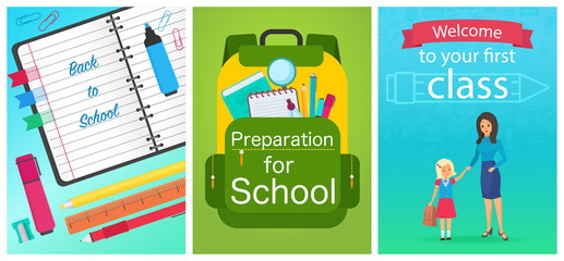 Fototapeta premium Welcome back to school concept template. School equipment notebook, backpack and woman teacher with girl pupil kid. Vector collection of cartoon flat education design concepts.