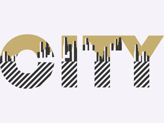 City word with geometric figures in the style of the Bauhaus. Retro poster. Typographical banner with architecture. Vector illustration