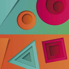 Background of multicolored abstract vector in the style of material design with geometric shapes of different sizes. Multilayer circles, triangles, squares on bright background for corporate identity