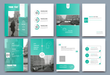 Abstract a4 brochure cover design. Template for banner, business card, title sheet model set, flyer or ad text font. Modern vector front page art with urban city street texture. Green square info icon