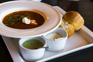 ukrainian national soup borscht with garlic bread