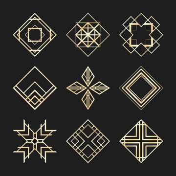 Sacred geometry signs. Art Deco symbols. Set of golden icons. Mystical geometric elements. Art Deco diamond emblems.