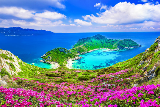 Aerial view of  Porto Timoni, Afionas region, Corfu