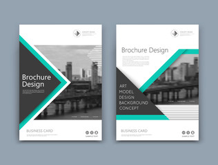 Abstract a4 brochure cover design. Template for banner text, ad business card, title sheet model set, info flyer font. Patch vector front page art with urban city river bridge. Green lines figure icon