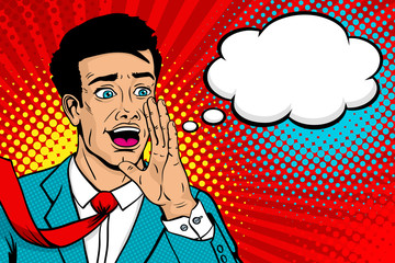 Wow pop art male face. Young handsome man with open mouth, flying tie rising his hand screaming announcement and empty speech bubble. Vector background in comic retro pop art style. Invitation poster.