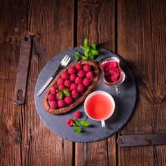 Delicious raspberry chocolate tart with ricotta cheese