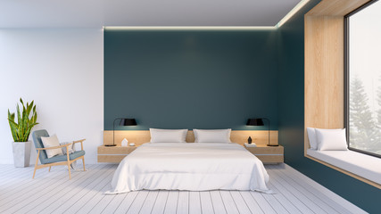 Minimalist interior of Bedroom ,white bed with easy armchair  on white flooring and dark green wall  ,3d rendering