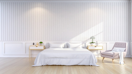 Minimalist and scandinavian Style , cozy Bedroom Interior, white room ,3d render