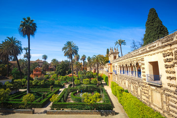 Fototapeta na wymiar Ancient garden architecture. Royal Alcázar of Seville, Spain. 