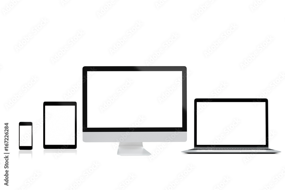 Poster Modern computer laptop mobile phone and tablet isolate on white background for mockup design,3D rendering