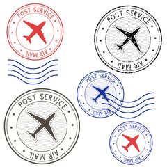 Post service airmail colored postmarks with plane sign