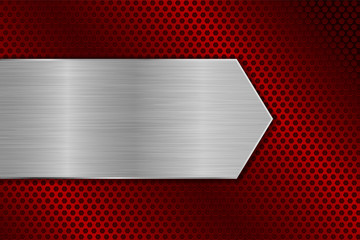 Metal brushed arrow plate on red perforated background