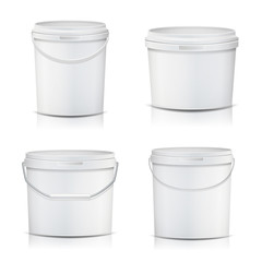 3D Bucket Set Vector. Realistic. Mock Up Plastic Container. Illustration