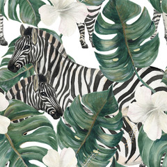Watercolor painting seamless pattern with tropical deliciosa leaves, hibiscus flowers and zebra