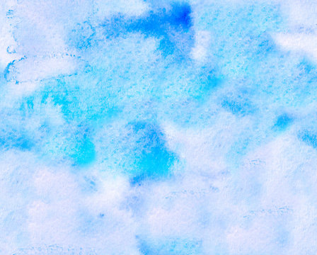 Hand painted with brush light blue watercolor background. Seamless texture with smears, spots. Turquoise bright blue seamless grunge background.